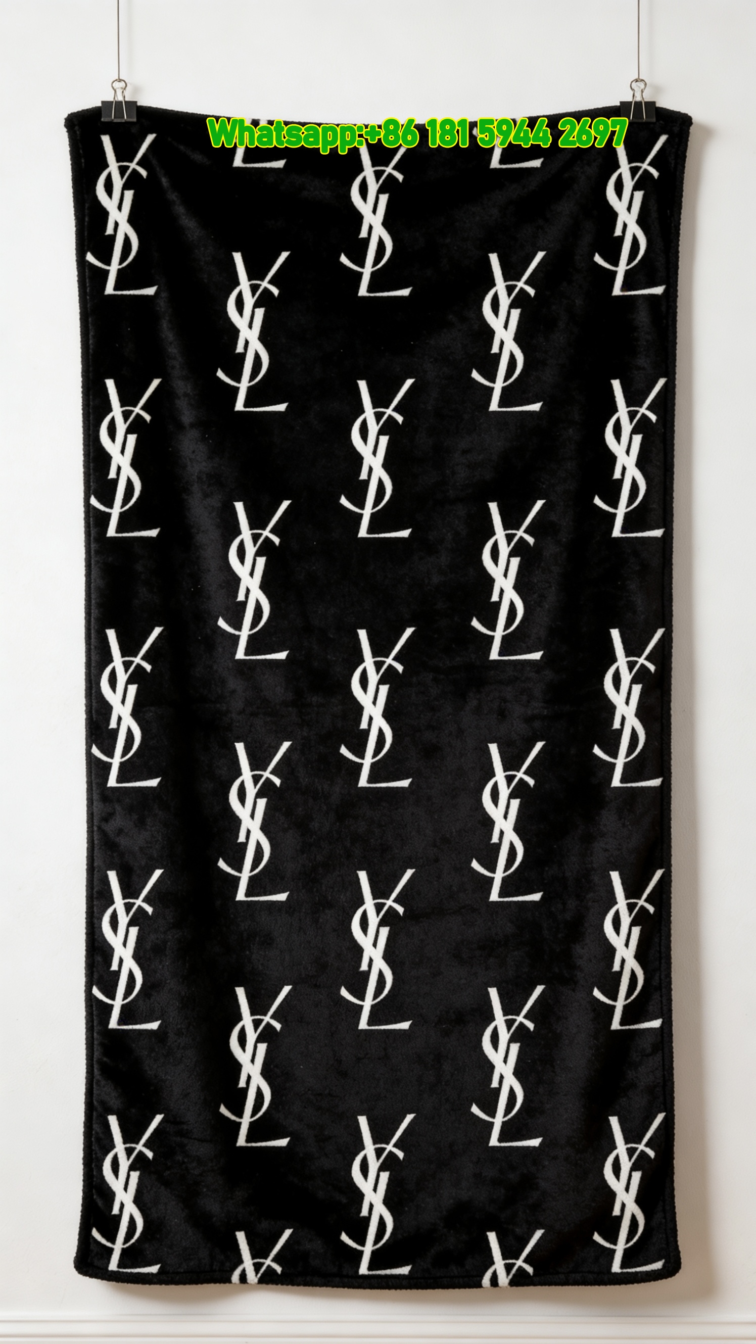 Yves Saint Laurent YSL Black White All Over Logo Print Flannel Sofa Throw Blanket Luxury Monogram Decor Blanket IMG_3238
